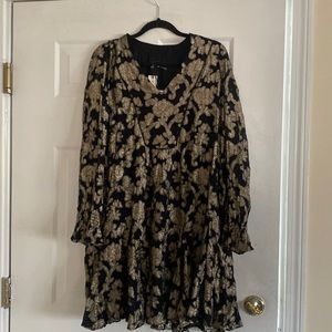 ANTHROPOLOGIE  Metallic Black Gold Floral Long Sleeve Tunic Dress Size L